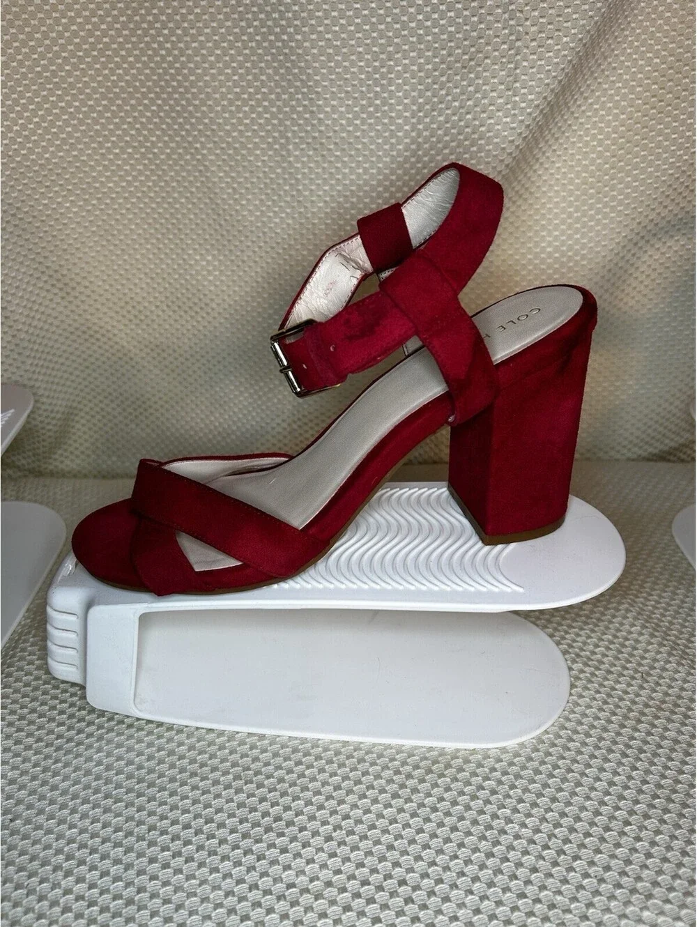 Set Of 2 Cole Haan Kadi Sandals Suede Block Heel Gold Buckle Tango Red Black 8B